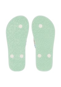 Sandaalien pohja mintunvihreässä värissä, jossa on kukkakuosi. Kaksi valkoista pyöreää yksityiskohtaa näkyy, mikä osoittaa pitoalueet.