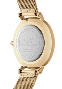 Arany tónusú rozsdamentes acél óra hálós szíjjal, sima ezüst hátlappal, amelyen a márkanev és a sorozatszám található.