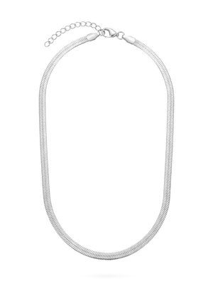 Collier chaîne serpent en argent avec fermoir mousqueton et chaîne d'extension réglable sur fond blanc.