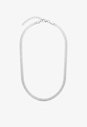 Collier chaîne serpent en argent avec fermoir mousqueton et chaîne d'extension réglable sur fond blanc.