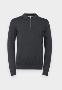 Pull-over gris à manches longues avec un col zippé, fabriqué en matériau tricoté doux, avec des poignets et un ourlet côtelés. Design simple et polyvalent.