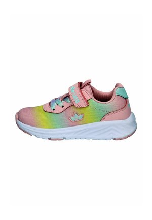 Children's sneaker with pink, green, and yellow gradient fabric, teal logo, pink strap, metallic laces, and white sole.