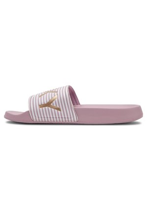 Lyserød klip-klap sandal med hvid og lyserød stribet rem med gyldne "Y"-bogstaver, flad sål og åben tådesign.