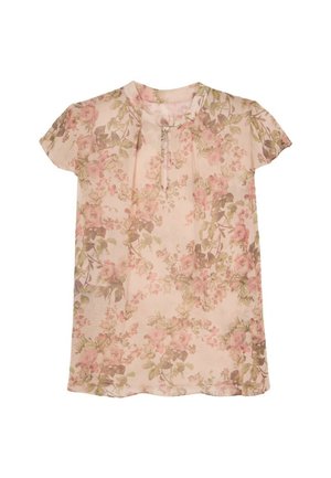 Short-sleeve blouse in light pink fabric featuring a floral pattern with green accents. Keyhole neckline with a small button detail.