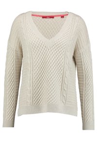 Jasno beżowy sweter dziany z dekoltem w serek, z teksturowanym wzorem oraz ściągaczami przy mankietach i u dołu. Wykonany z miękkiej przędzy.