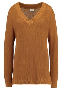V-Ausschnitt-Pullover in einem kräftigen Senfgelb, mit gestrickter Textur, langen Ärmeln, gerippten Bündchen und Saum, lockerer Schnitt und offene Maschenstruktur.