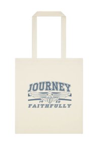 Bolsa de tela en color crema con un diseño gráfico azul que presenta el texto "JOURNEY 1983 FAITHFULLY" y acentos de alas.