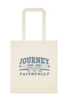 Torba na ramię z płótna w kremowym kolorze z niebieskim wzorem graficznym, na którym znajduje się tekst "JOURNEY 1983 FAITHFULLY" oraz akcenty skrzydeł.