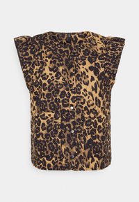 Leopardmönstrad väst i varm tan med svarta fläckar. Har korta ärmar, knappstängning och framfickor. Mjuk, texturerad tyg.