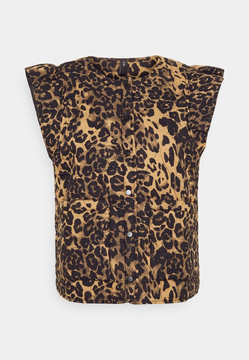 Leopardmönstrad väst i varm tan med svarta fläckar. Har korta ärmar, knappstängning och framfickor. Mjuk, texturerad tyg.