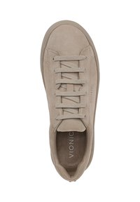 Beige suede sneaker with a rounded toe, standard lace-up design, and rubber sole. Vionic logo on the insole. Soft texture throughout.