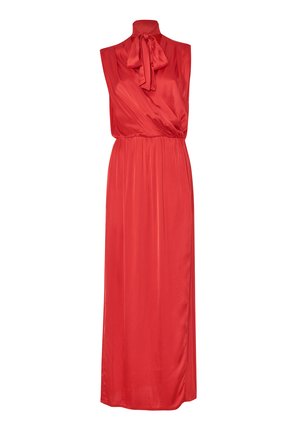 Abito lungo senza maniche di colore rosso in tessuto morbido. Presenta un collo alto con un dettaglio a fiocco annodato e una vita arricciata per una silhouette fluida.