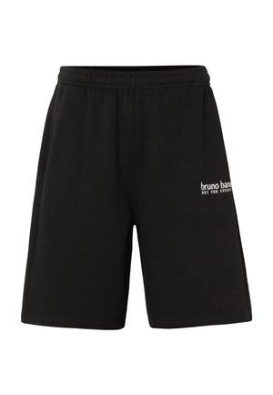 Pantalones cortos negros hasta la rodilla con cintura elástica y texto blanco "bruno banani NOT FOR EVERYBODY" en el muslo derecho.