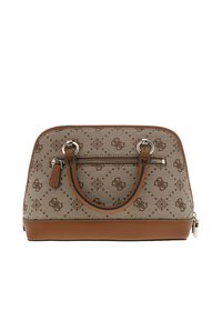 Borsa beige con dettagli in pelle marrone, caratterizzata da un esterno a motivi, manici doppi e una tasca a zip frontale.
