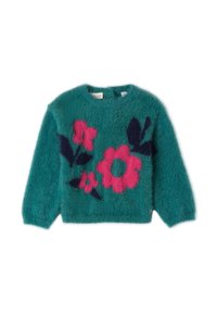 Türkiser, flauschiger Pullover mit langen Ärmeln, der rosa und marineblaue Blumenmuster aufweist. Runde Ausschnitt und weiche, strukturierte Oberfläche.