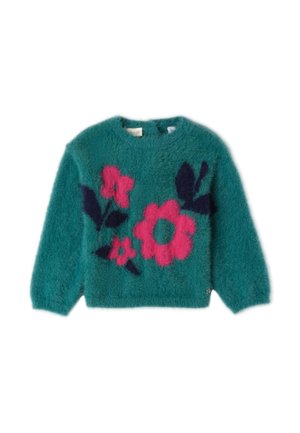 Pullover teal in pile con maniche lunghe, caratterizzato da motivi floreali in rosa e blu navy. Collo rotondo e finitura morbida e testurizzata.