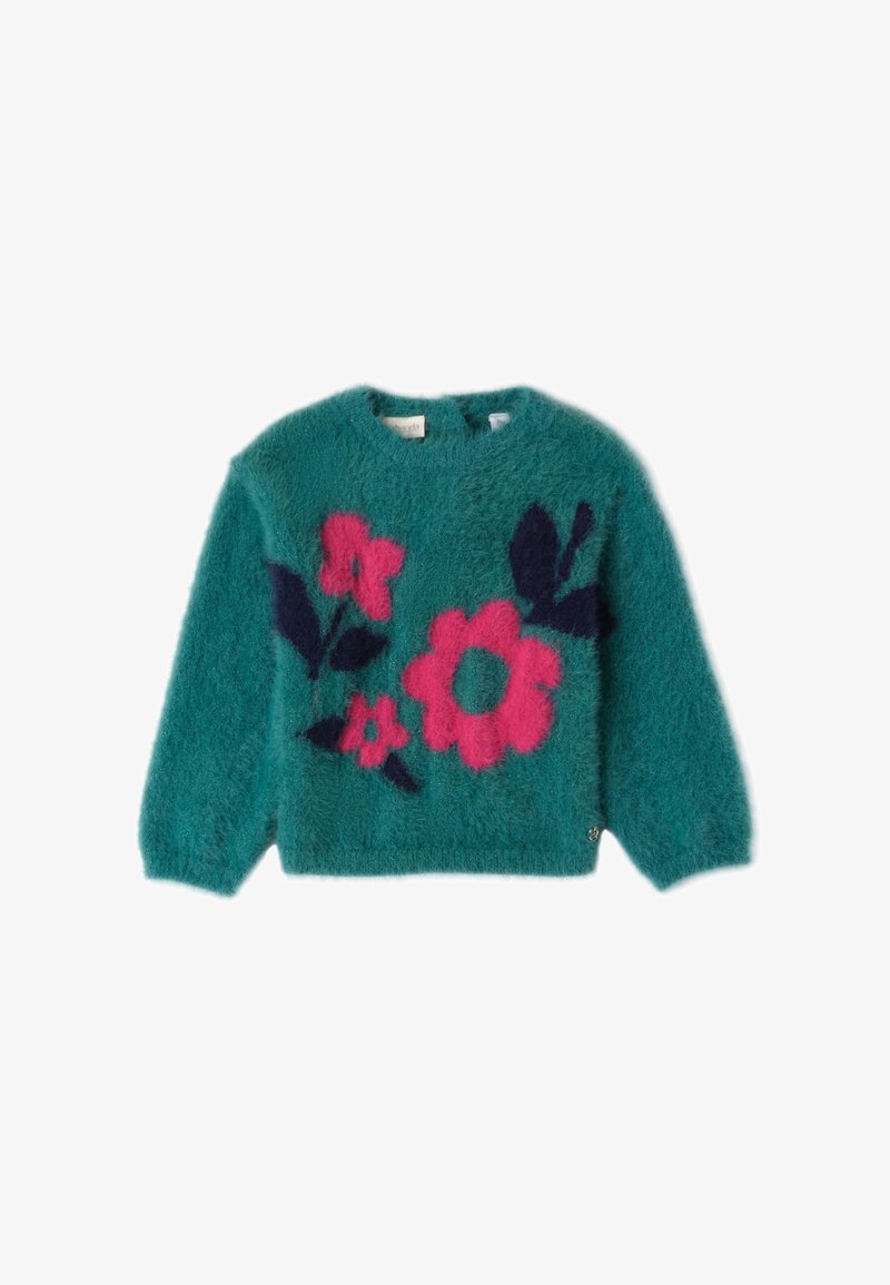 Türkiser, flauschiger Pullover mit langen Ärmeln, der rosa und marineblaue Blumenmuster aufweist. Runde Ausschnitt und weiche, strukturierte Oberfläche.