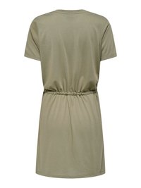 Robe vert olive à manches courtes avec taille élastique, col rond et ourlet arrivant au genou, vue de dos.