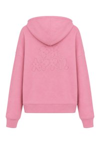 Sweat à capuche rose à manches longues avec motif floral en relief épelant "April" dans le dos.