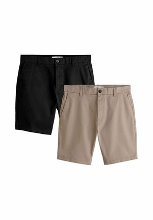 Two pairs of men's casual shorts, one black and one beige, each with front button, zip fly, belt loops, and side pockets.