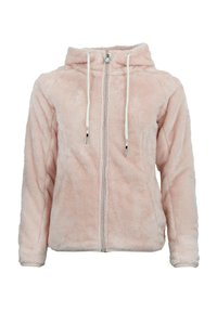 Haut à capuche en fausse fourrure rose avec une fermeture éclair, cordons blancs et une texture douce. Présente une fermeture à glissière centrale et des manches longues.