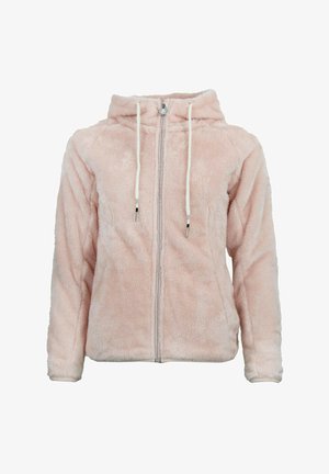 Haut à capuche en fausse fourrure rose avec une fermeture éclair, cordons blancs et une texture douce. Présente une fermeture à glissière centrale et des manches longues.