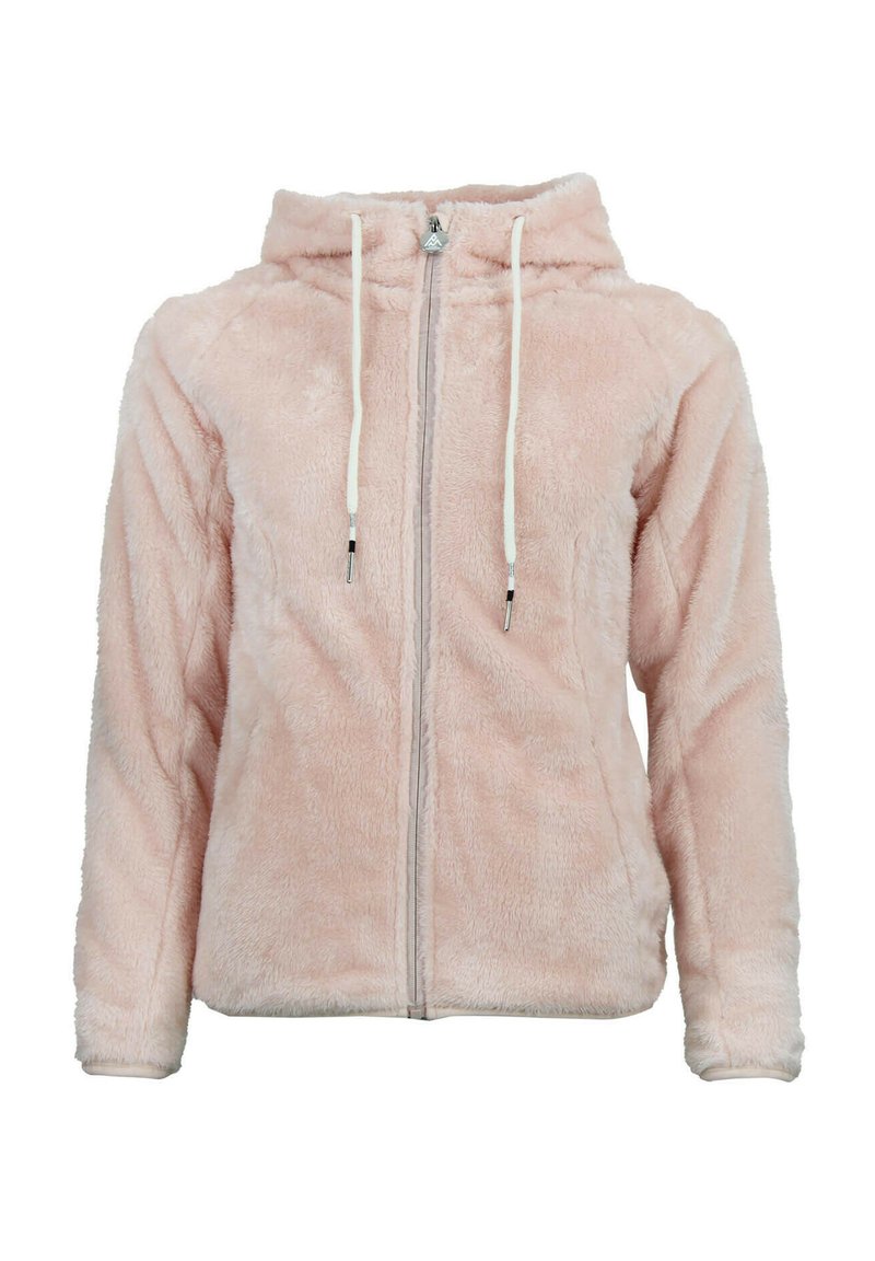 Haut à capuche en fausse fourrure rose avec une fermeture éclair, cordons blancs et une texture douce. Présente une fermeture à glissière centrale et des manches longues.