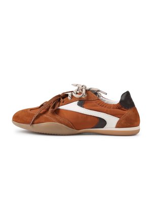 Sneaker in suede marrone con accenti bianchi e scuri, punta arrotondata, chiusura con lacci, collo imbottito e suola in gomma. Superfici lisce e texture diverse.
