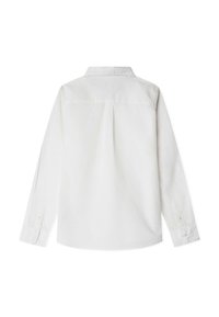 Camicia bianca a maniche lunghe con colletto a punta, chiusura con bottoni ai polsini e piega sul retro per facilità di movimento. Tessuto in cotone liscio.