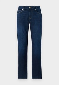 Dark blue denim jeans with a straight-leg design, featuring a front button closure, belt loops, and subtle topstitching details.
