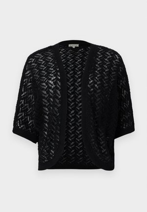 Czarny kardigan z otwartym splotem, w teksturowany wzór zygzakowaty, z krótkimi rękawami i ściągaczem przy kołnierzu. Lekka i warstwowa konstrukcja.