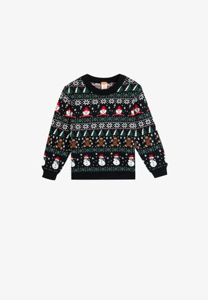Zwarte gebreide trui met kerstpatronen van sneeuwpoppen, kerstmannen, peperkoekmannetjes en sneeuwvlokken in rood, groen en wit.