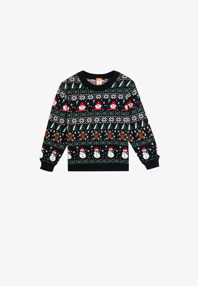 Schwarzer Strickpullover mit Weihnachtsmustern, die Schneemänner, Weihnachtsmänner, Lebkuchenmänner und Schneeflocken in Rot, Grün und Weiß zeigen.