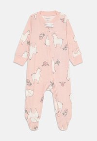 Ró�żowy onesie wykonany z miękkiego materiału, ozdobiony białymi wzorami lam z zielonymi liśćmi i różowymi kwiatami. Zamek błyskawiczny z przodu.