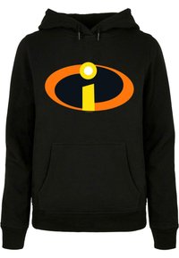 Felpa nera con tasca frontale, caratterizzata da un grande logo "Incredibili" colorato in arancione e giallo su uno sfondo ovale nero.