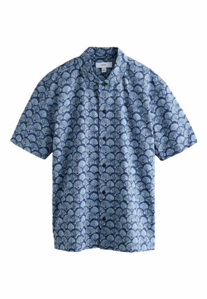 Blue short-sleeve button-up shirt with scallop shell pattern and a relaxed collar, medium size, made by Next.