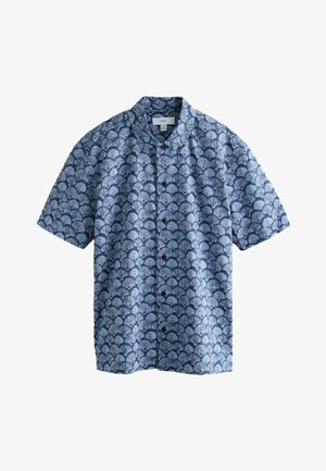 Blue short-sleeve button-up shirt with scallop shell pattern and a relaxed collar, medium size, made by Next.
