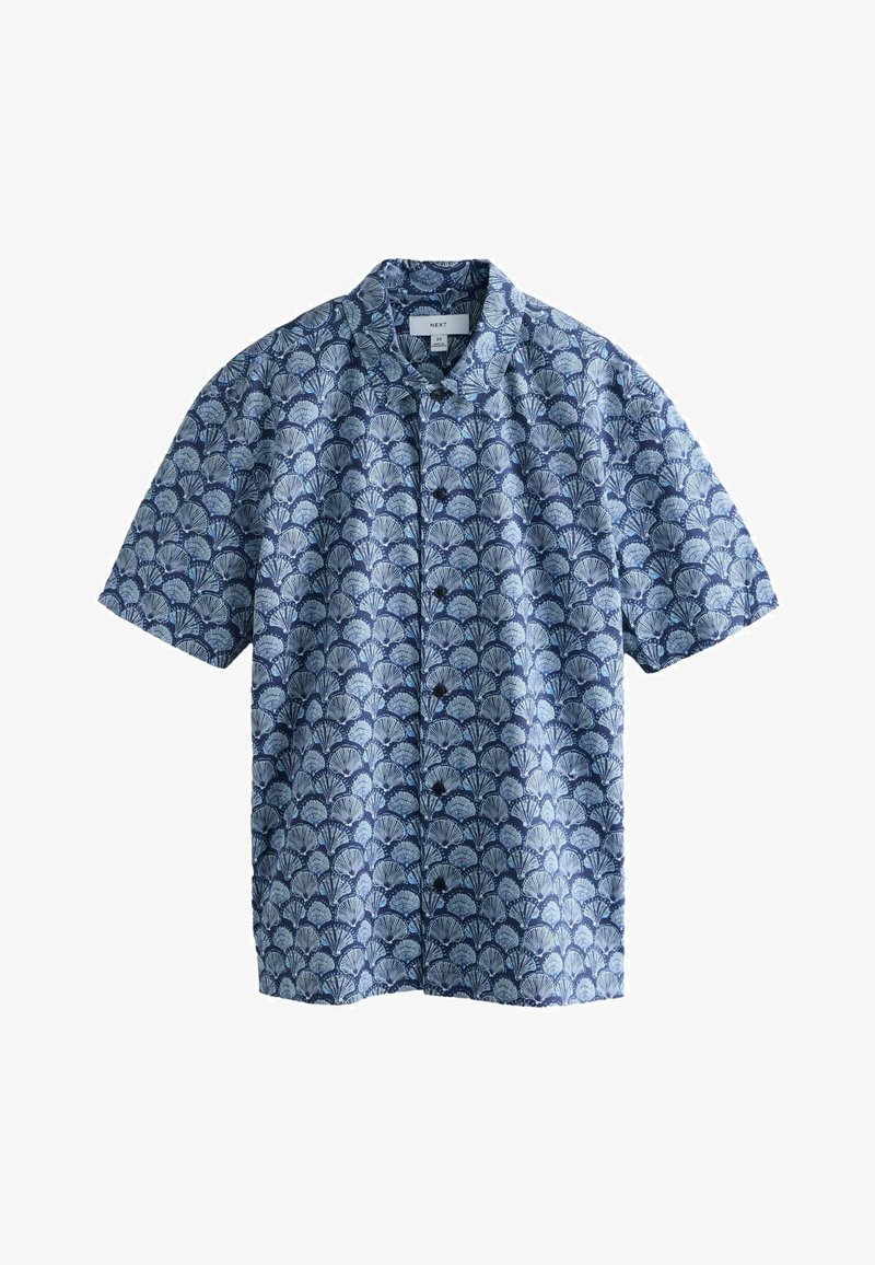 Chemise bleue à manches courtes avec boutons, motif coquille Saint-Jacques et col décontracté, taille moyenne, fabriquée par Next.