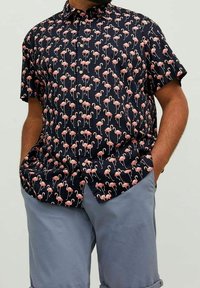 Camisa de manga corta, tipo polo, con fondo azul marino y un patrón de flamencos rosas, hecha de tela ligera. Corte casual con cuello.