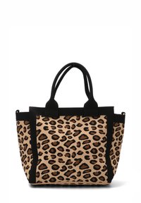 Bolso tote de estampado de leopardo con acentos negros, textura tejida y asas dobles. Presenta un diseño espacioso apto para el uso diario.