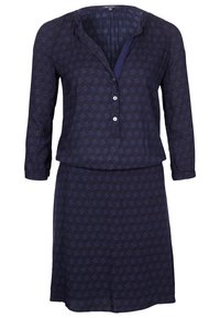 Navy dress with long sleeves, button-down front, featuring a circular pattern and a relaxed fit. Soft fabric with a smooth texture.