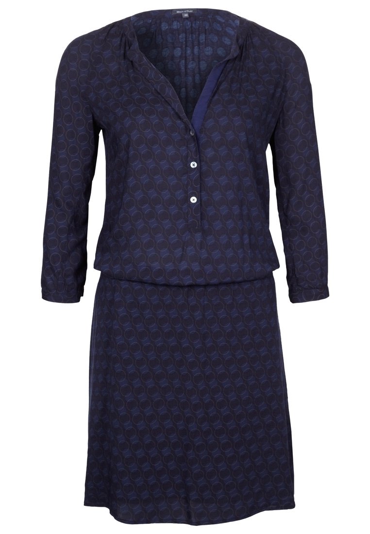 Navy dress with long sleeves, button-down front, featuring a circular pattern and a relaxed fit. Soft fabric with a smooth texture.