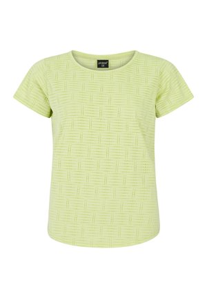 Světle zelené tričko s krátkým rukávem, které má texturovaný vzor malých čtverců. Kolo výstřih a rovný lem. Měkký povrch tkaniny.