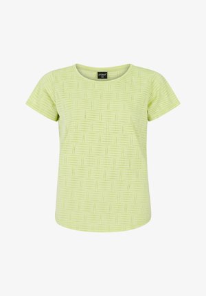Vaaleanvihreä lyhythihainen t-paita, jossa on pienten neliöiden teksturoitu kuvio. Pyöreä pääntie ja suora helma. Pehmeä kankaan pinta.