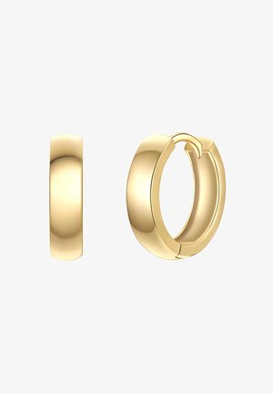 Goldene Creolen mit einer glatten, polierten Oberfläche. Das Design zeichnet sich durch einen nahtlosen Verschluss und eine leicht abgerundete Form aus.