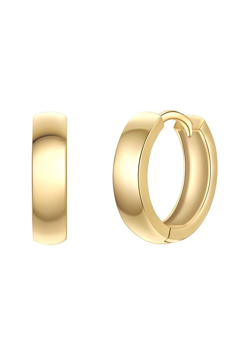 Orecchini a cerchio in oro con una superficie liscia e lucida. Il design presenta una chiusura senza giunzioni e una forma leggermente arrotondata.