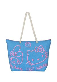 Bolsa tote de mezclilla azul con diseños bordados en rosa de Hello Kitty y My Melody, con una superficie texturizada y un asa de cuerda color crema.
