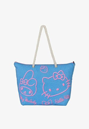 Blauwe denim tote bag met roze geborduurde ontwerpen van Hello Kitty en My Melody, met een gestructureerd oppervlak en een romige touwhandvat.