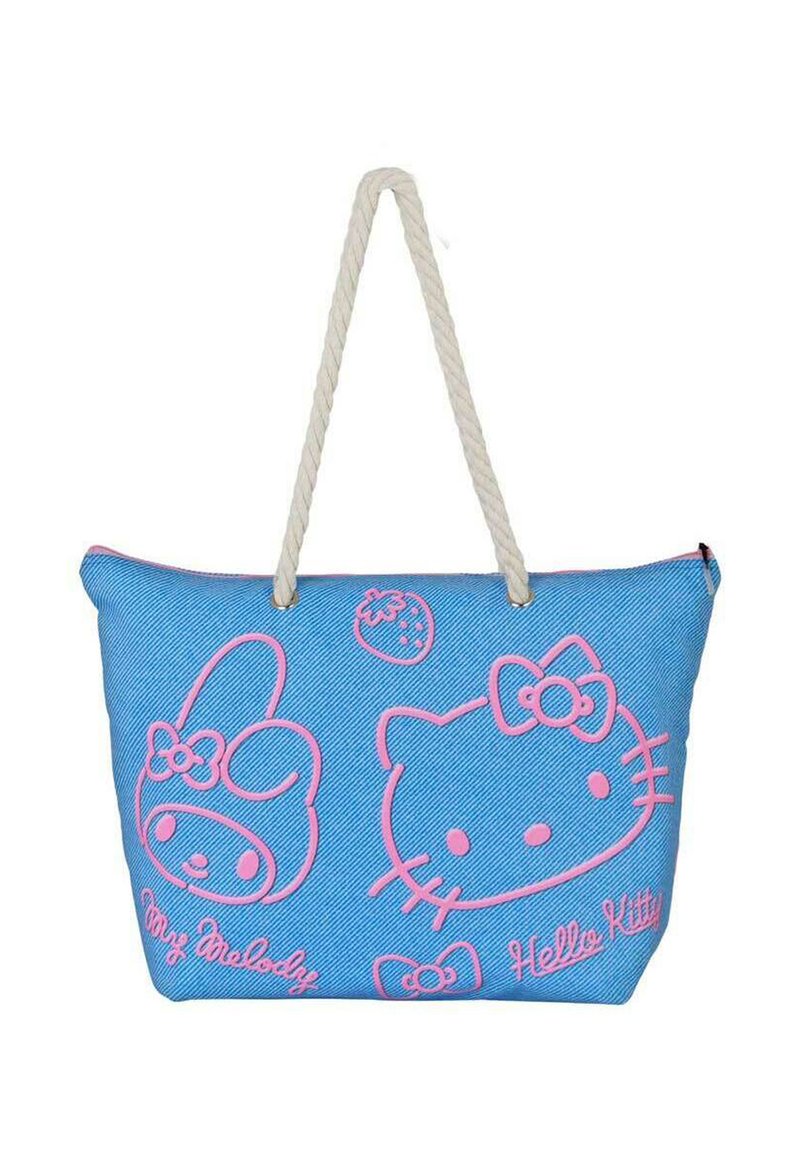 Bolsa tote de mezclilla azul con diseños bordados en rosa de Hello Kitty y My Melody, con una superficie texturizada y un asa de cuerda color crema.