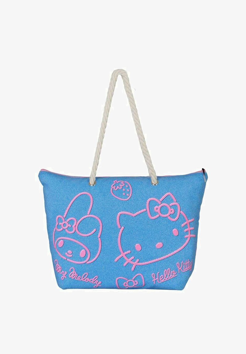 Bolsa tote de mezclilla azul con diseños bordados en rosa de Hello Kitty y My Melody, con una superficie texturizada y un asa de cuerda color crema.